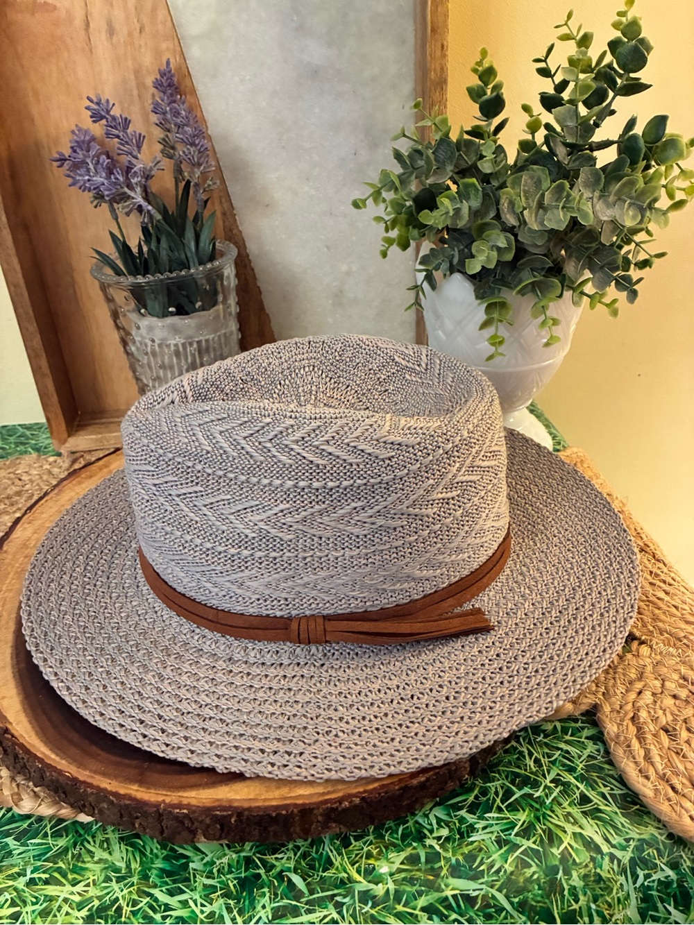 Neutral Woven Straw Fedora Hat with Brown Band - Women Accessories